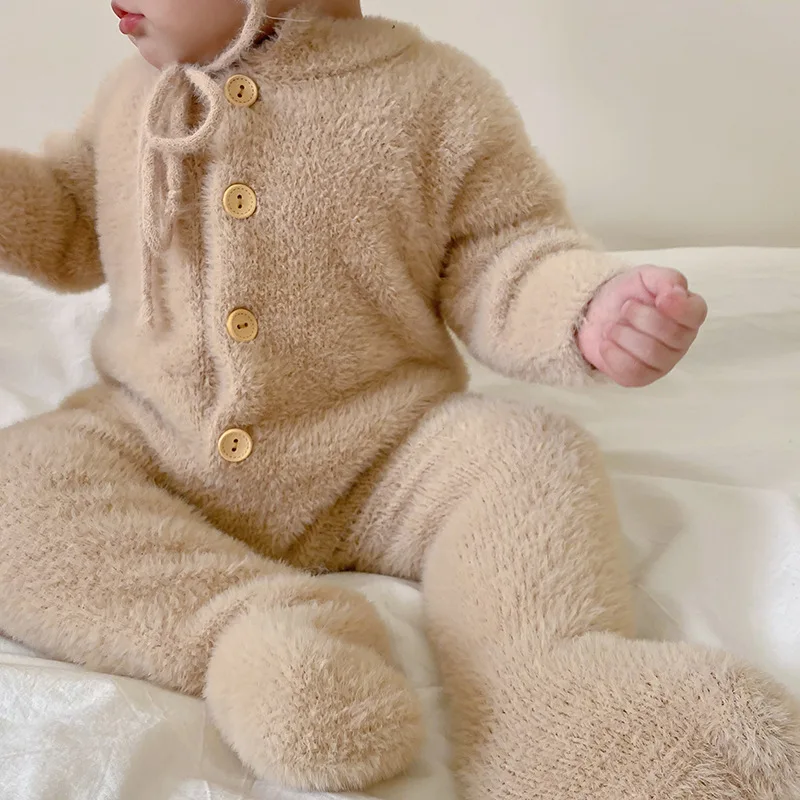 Kids Winter Keep Warm Romper Girls Cute Long Sleeves Hairy Pajamas Baby Boys Fashion New Cotton Jumpsuit with Bear Ear Cap