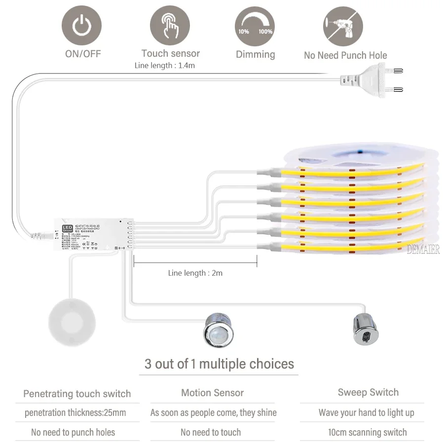 Luces LED con Sensor de movimiento para debajo del gabinete, iluminación de tira de interruptor táctil, regulable y Penetrable, escaneo manual