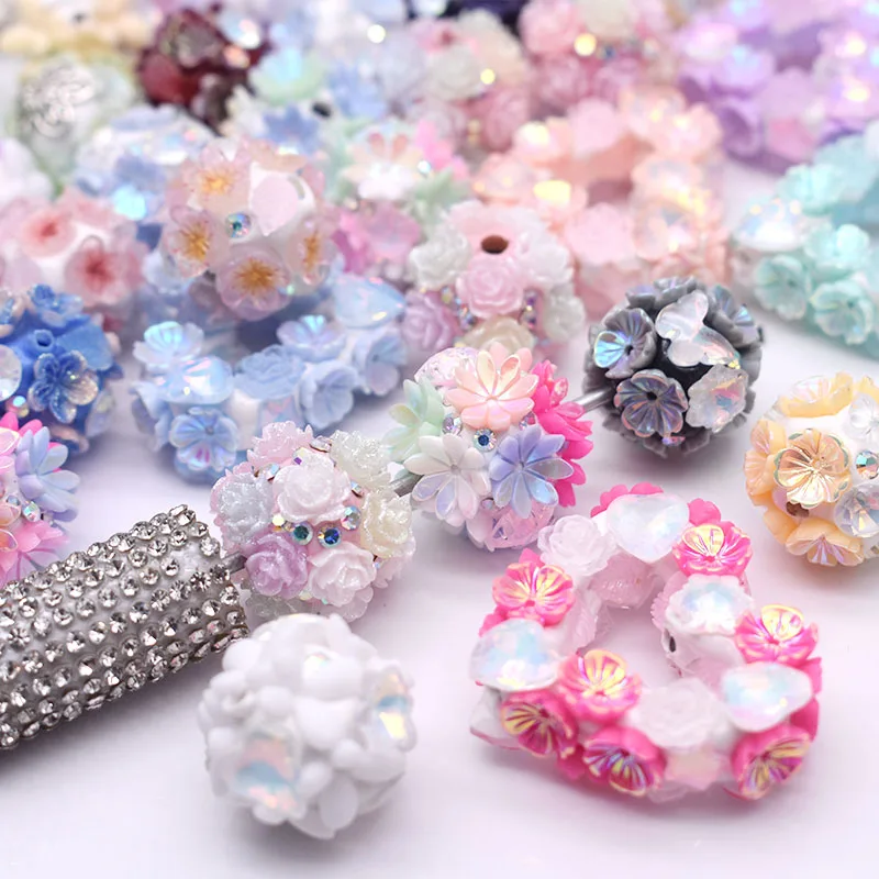 5pcs/bag Shiny Polymer Clay Beads Rainbow Rhinestone Disco Round Flower Beads for Jewelry Making DIY Pen Mobile Phone Chain