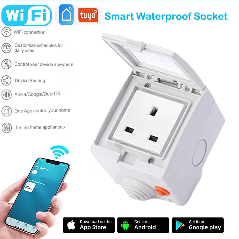 

Tuya 16A Fr ,EU,UK,US WiFi Smart Socket IP55 Bathroom Wall Waterproof Power Supply Jack With Smart Life App Remote Control