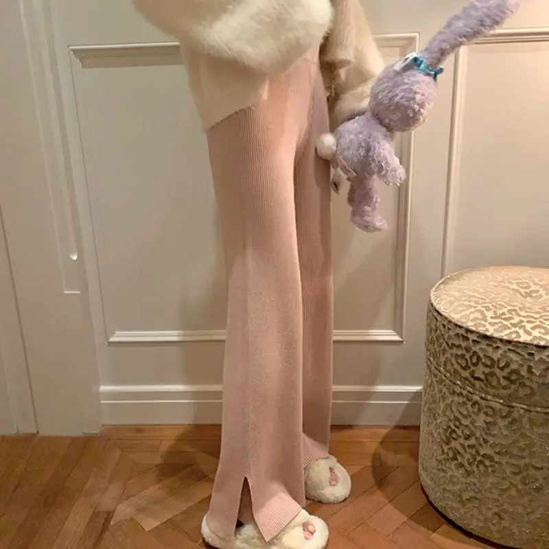 

Новинка 2025, вязаные брюки, женская осенне-зимняя верхняя одежда, висячие вязаные широкие брюки, брюки-тапочки, широкие брюки с разрезом CQ122