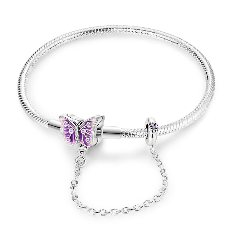 

Exquisite 925 Sterling Silver Purple Butterfly Safety Chain Openable And Snake Bone Chain Women's Floral Jewelry Accessories