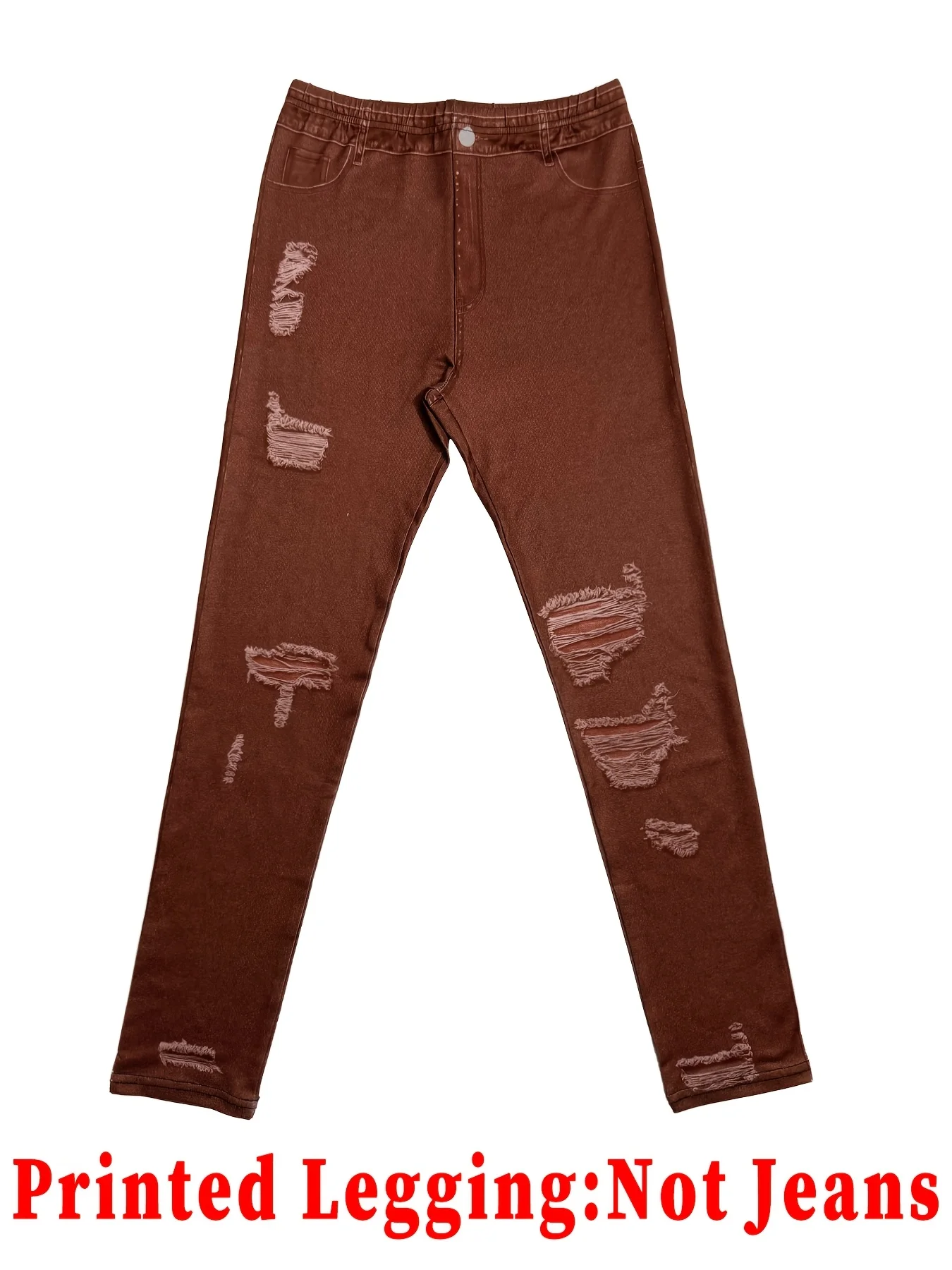Damen Leggings mit Ripped-Print in Denim-Optik, hohe Taille, Stretch, Skinny-Pants, kein Denim, Fake-Jeans, Casual Streetwear, Bodycon-Hose – Detail 4