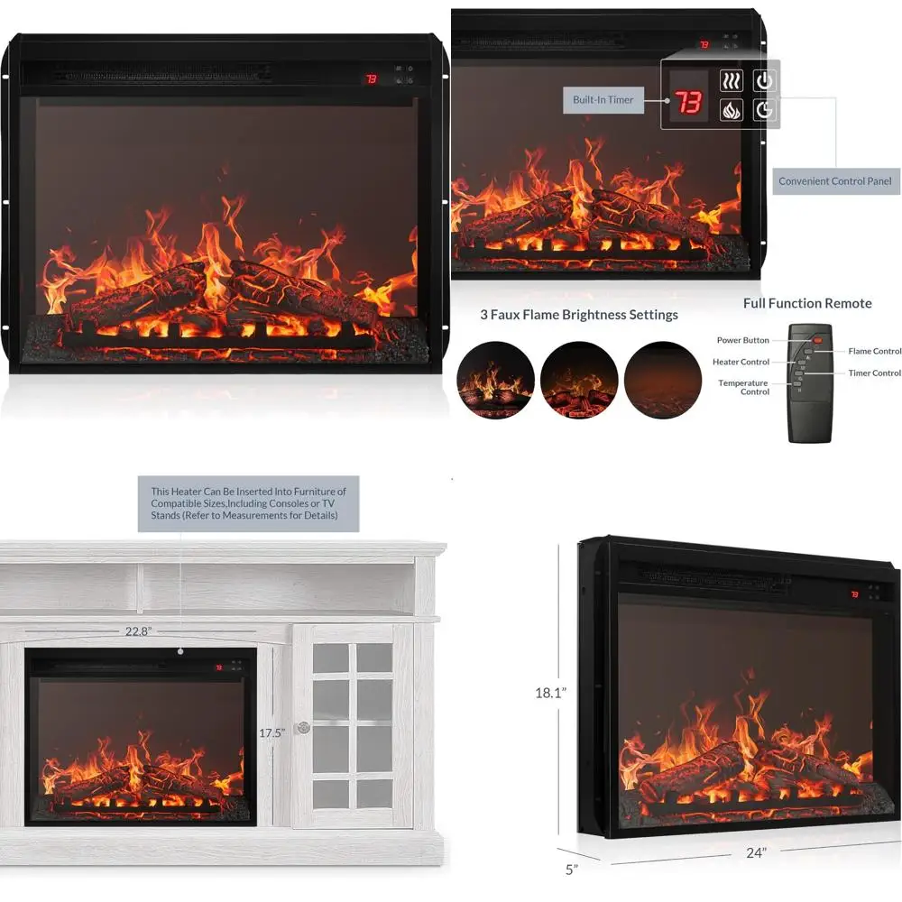 Inserção de lareira elétrica com som de crepitação de fogo, aquecedor embutido, aquecedor de lareira interna, controle remoto, aquecimento de lareira