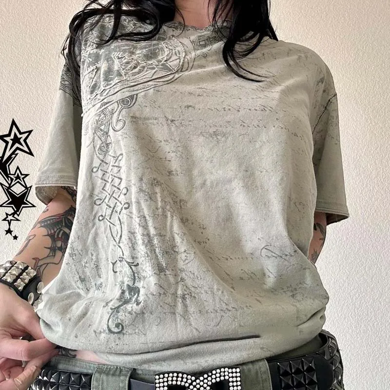 2000s Retro Aesthetic Baggy Tops Y2K Emo Star Graphic Oversized T-shirt Japanese Cyber Grunge Short Sleeve Loose Women Men Tees