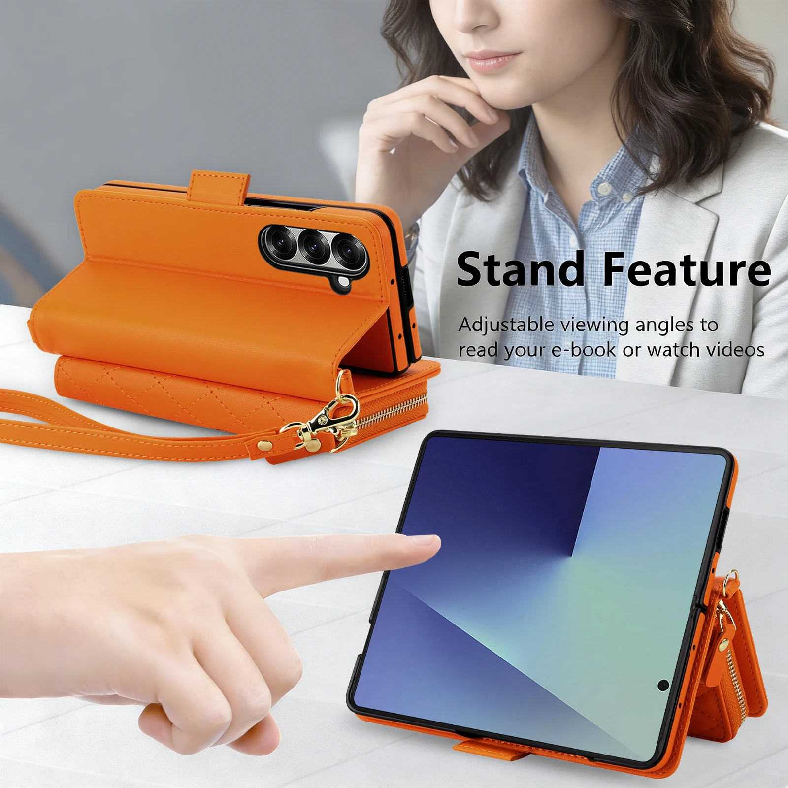 Luksusowe skórzane etui crossbody z przegródkami na karty do Samsung Galaxy Z Fold 7 6 5 4 3 5G, odporne na wstrząsy, ochronne akcesoria. — zdjęcie produktu 6