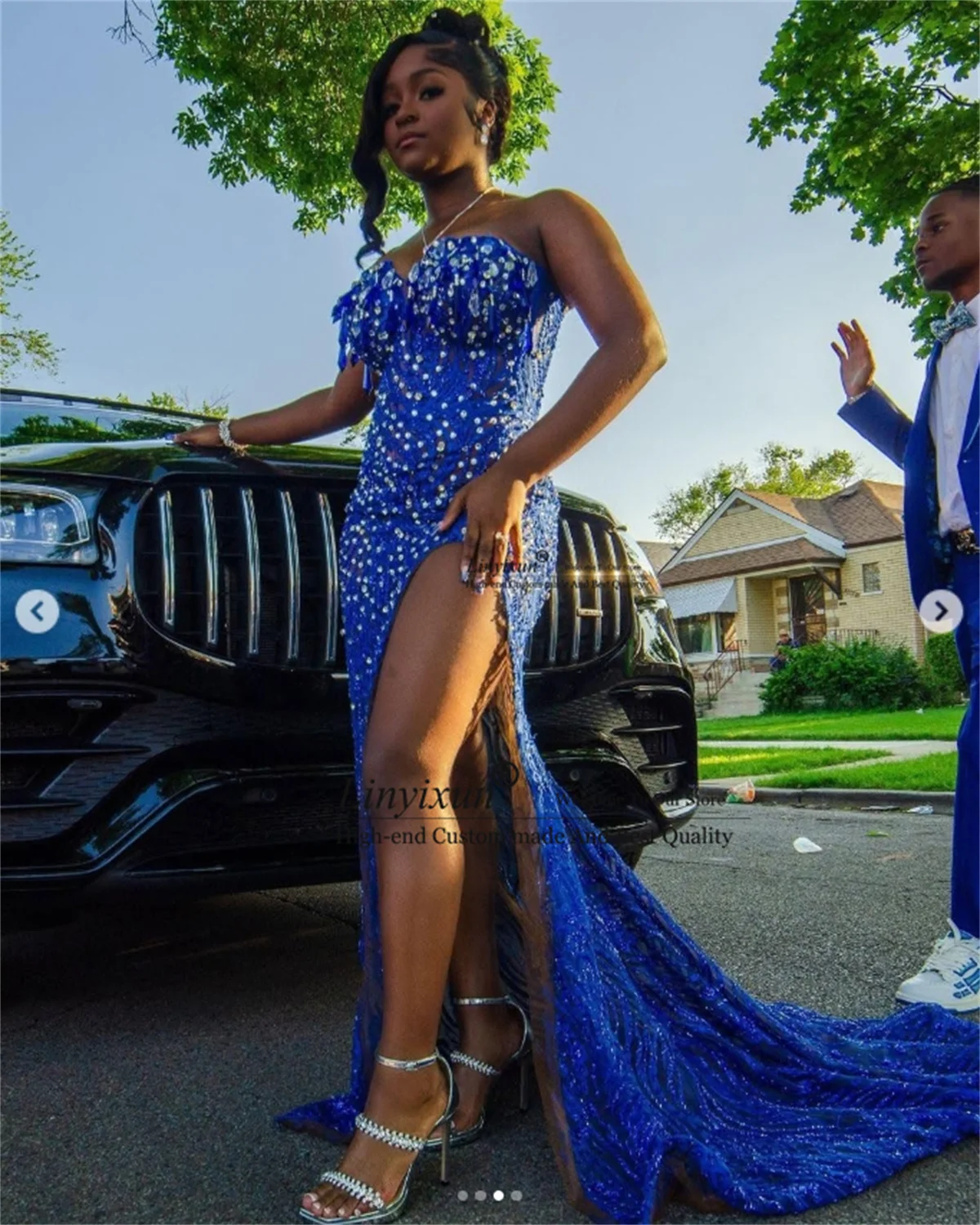 Seksowna rozcięcie z boku syrenka sukienka na studniówkę świecące kryształki górskie koronkowy koralik urodziny suknia wieczorowa dostosowane szaty imprezowe de soirée