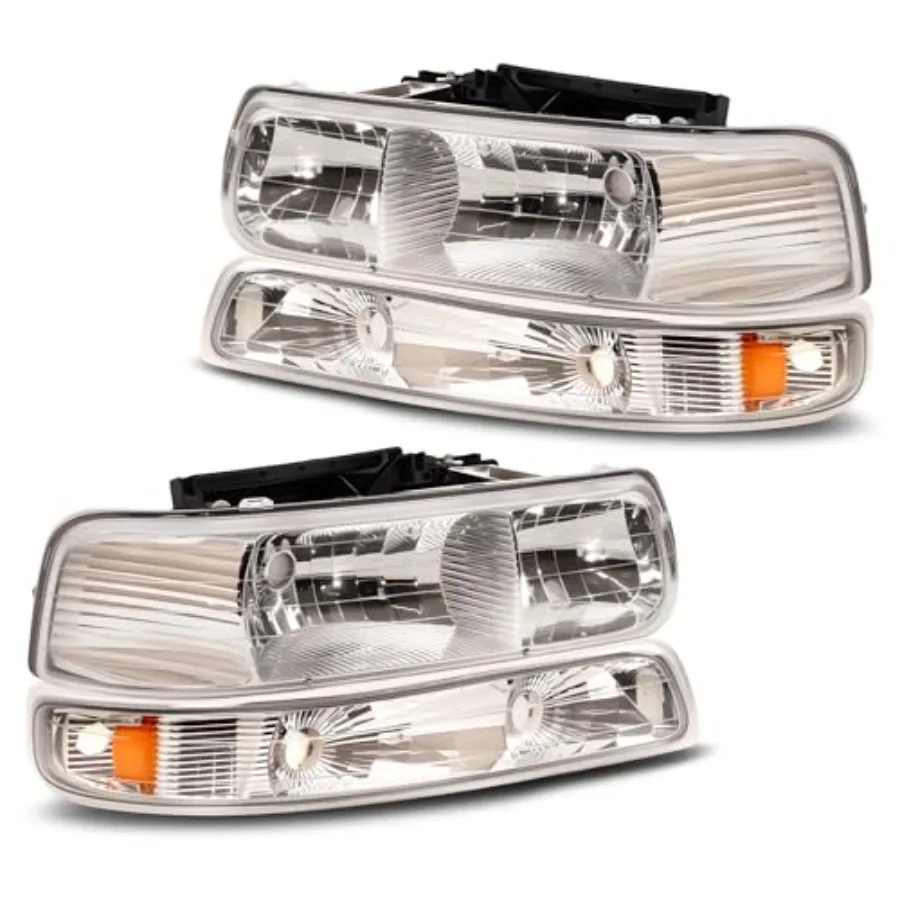 

4pcs Headlight Assembly with Bumper Lights Compatible with 1999-2002 Chevy Silverado/ 2000-2006 Tahoe Suburban Headlamp Chrome