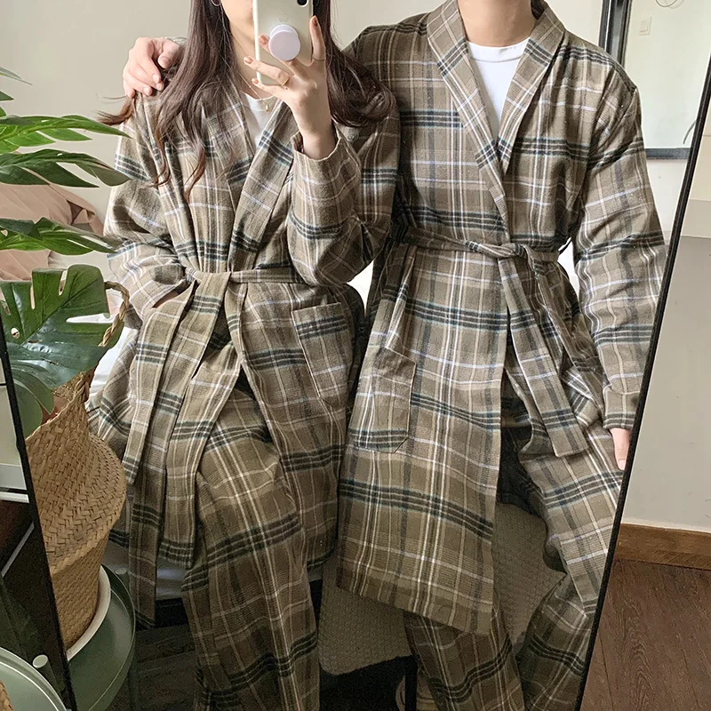 Plaid Print Autumn Two Piece Home Suit Women Couple Lovers Vintage Pajamas Set Cotton Nightgown Suit Elegant Soft Cotton