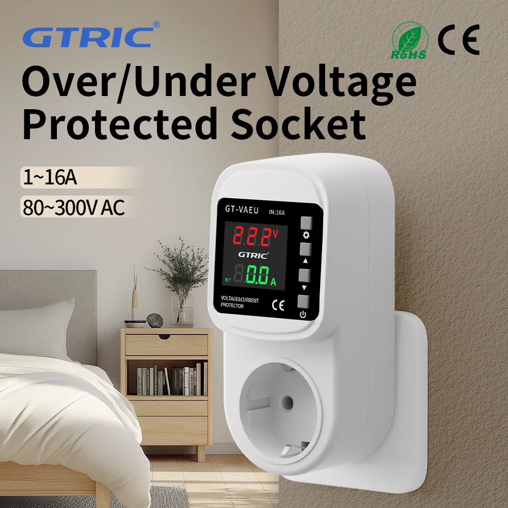 

GTRIC Over Under Voltage Protector 16A 220V AC Ajustable Surge protection Digital Display EU UK Current Voltage Protected Socket