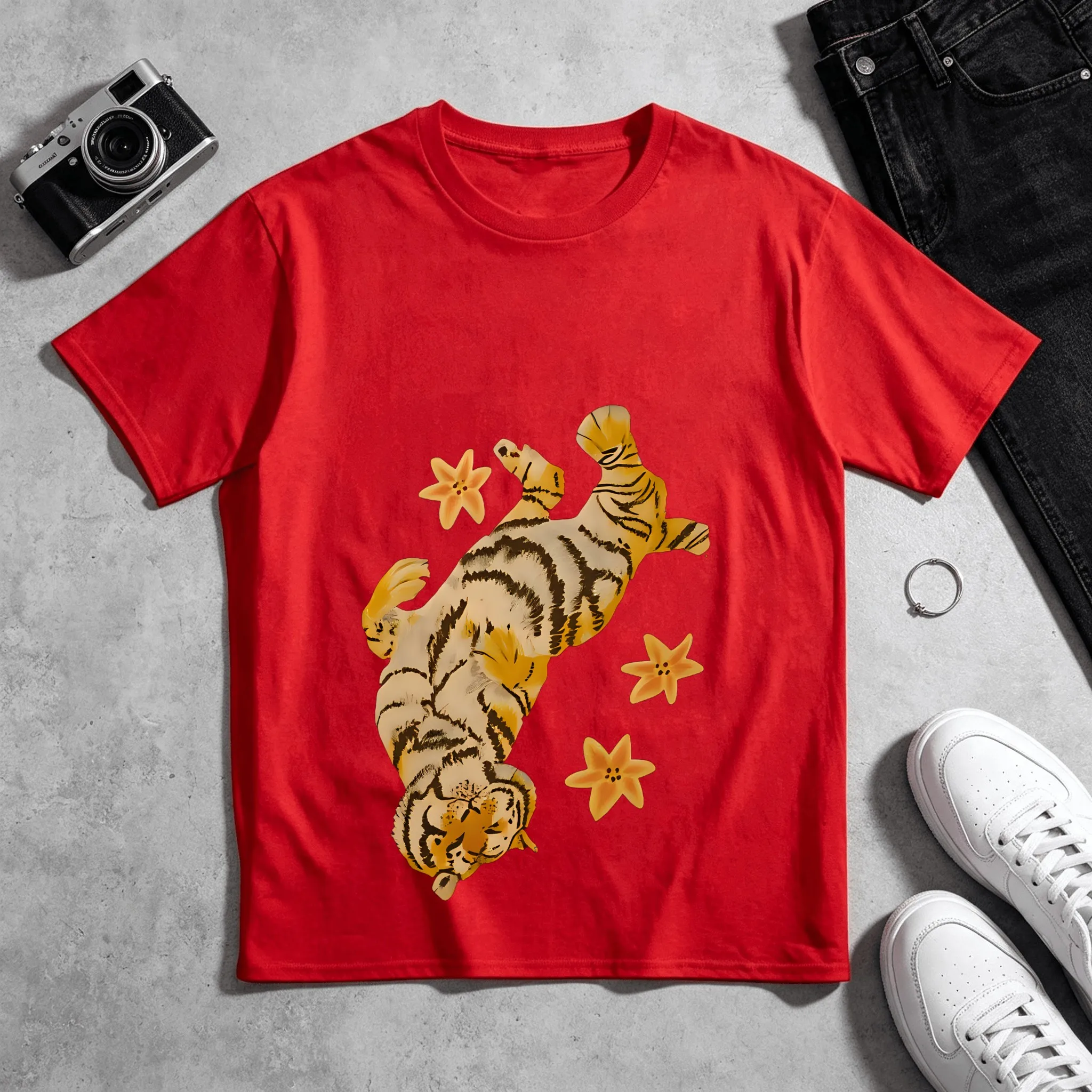 Sleeping Tiger With Orange Star Flowers Illustration T-Shirt Men Women Vintage Graphic Print Casual Cotton Short Sleeve