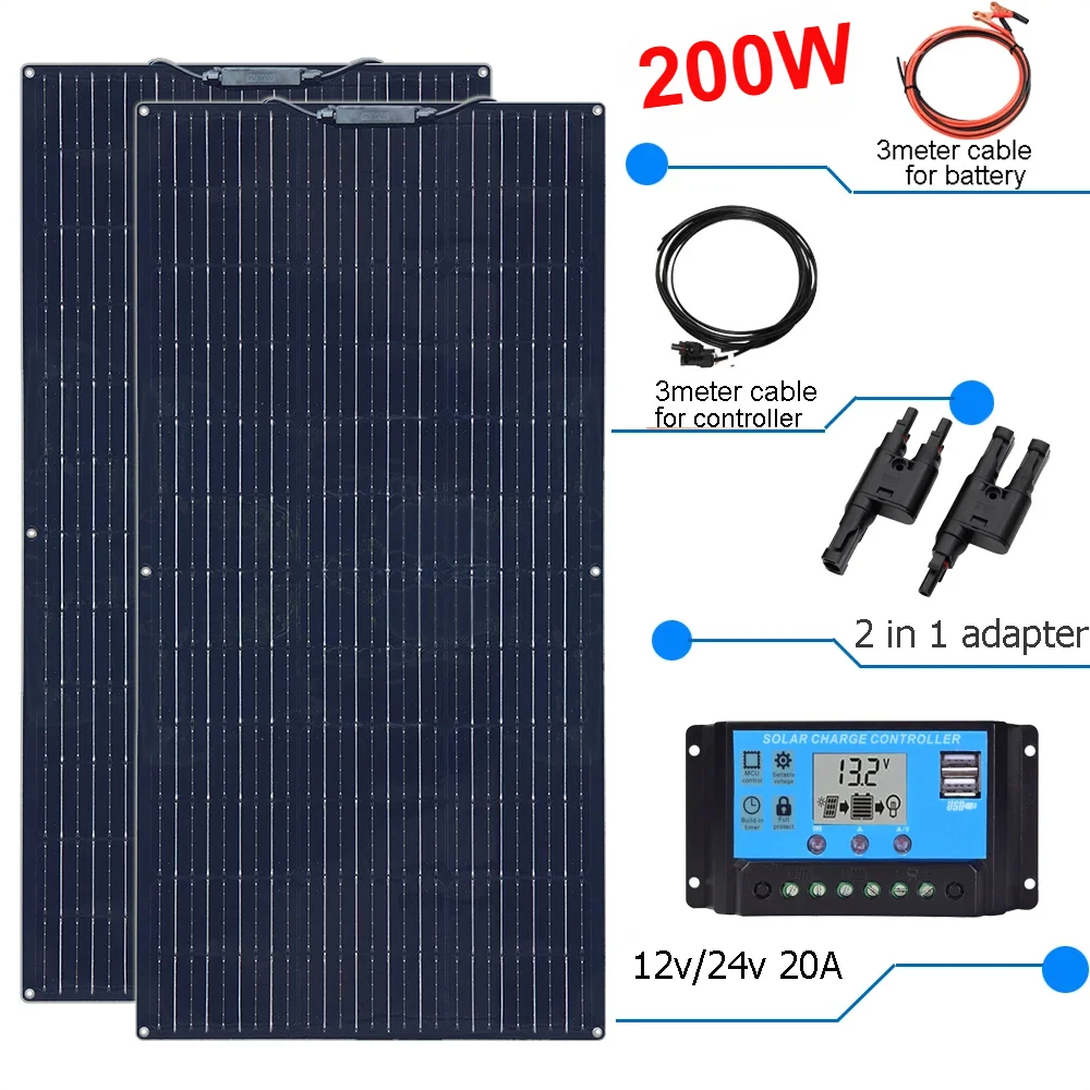 

Solar Panel 12v 200w 20A Solar Charger Controller Photovoltaic Kit Home System for Battery Car RV Boat Camper Caravan Camping PV