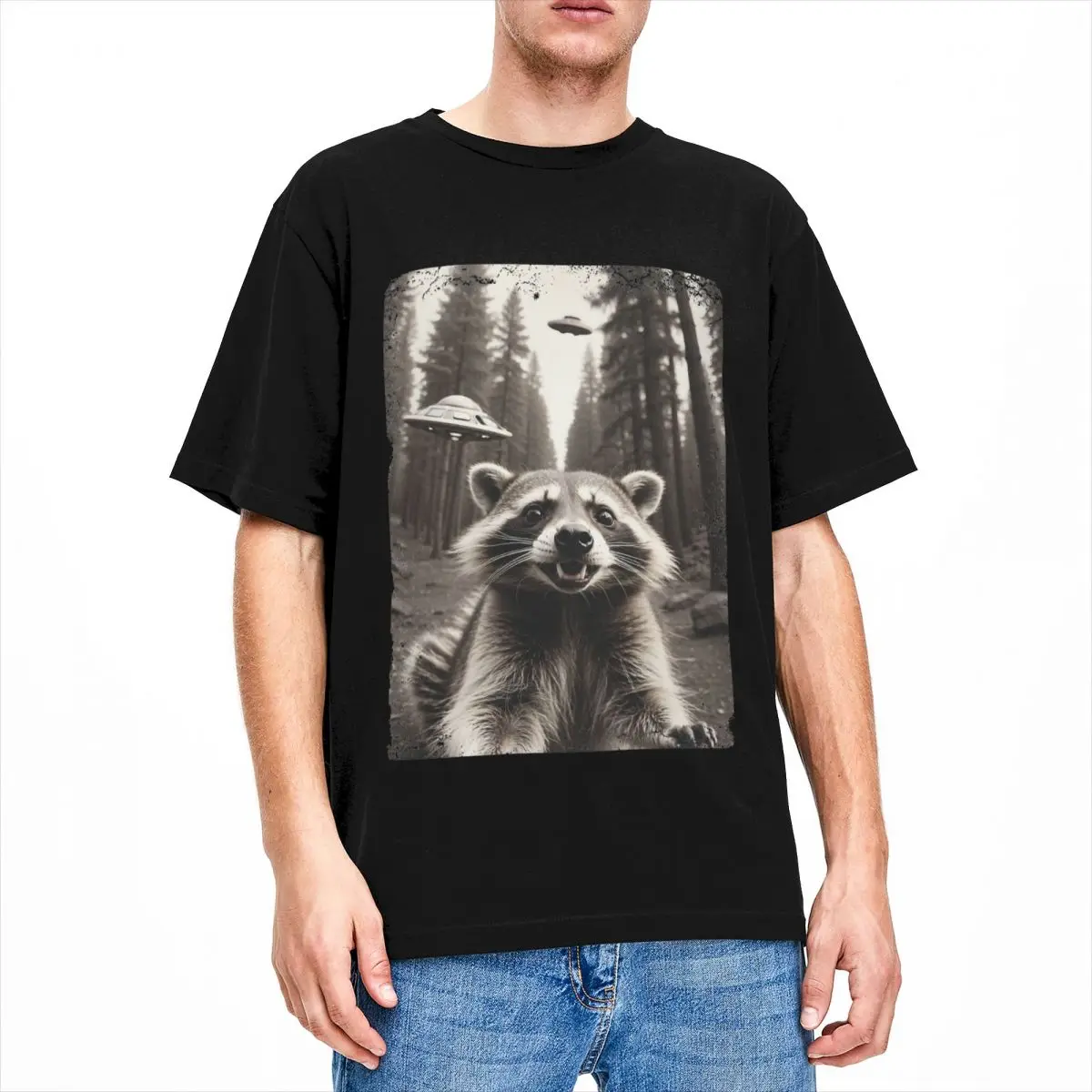 Men Raccoon Selfie T-Shirts Alien Spaceship Cotton Tops Summer Vintage Short-Sleeved T Shirt Crew Neck Fashion Casual Tee Shirt