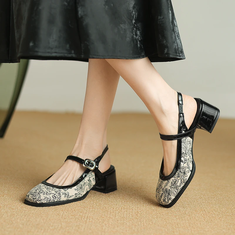 Summer Shoes Woman Square Toe Slingbacks Sandals Dress Prom Pumps 5 CM Chinese Style Elegant Pumps Size 32-44