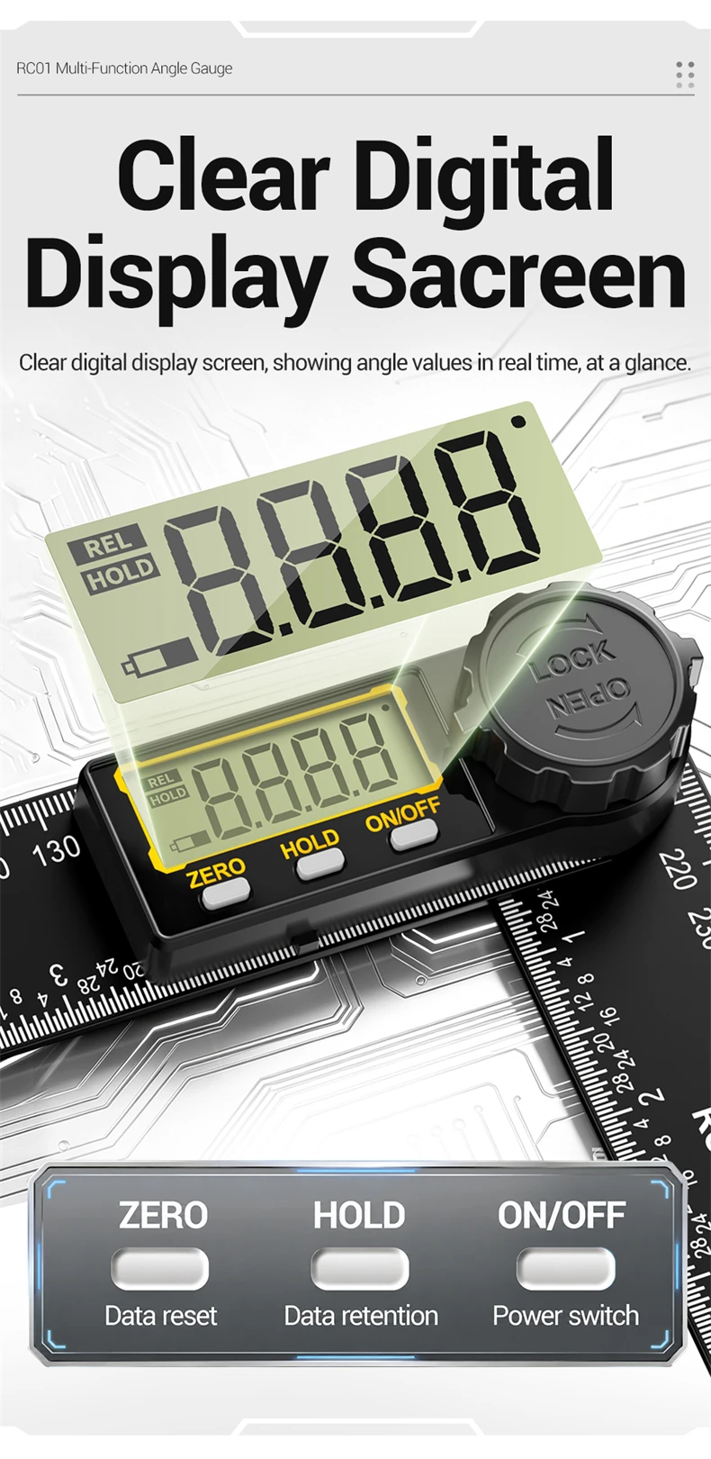 ANENG RC01 Digitaler Winkelmesser 0,0‑999,9 ° Nullpunkt-Reset, Datenhaltefunktion, automatische Abschaltung, Präzisions-Messwerkzeug für die Holzbearbeitung – Detail 8