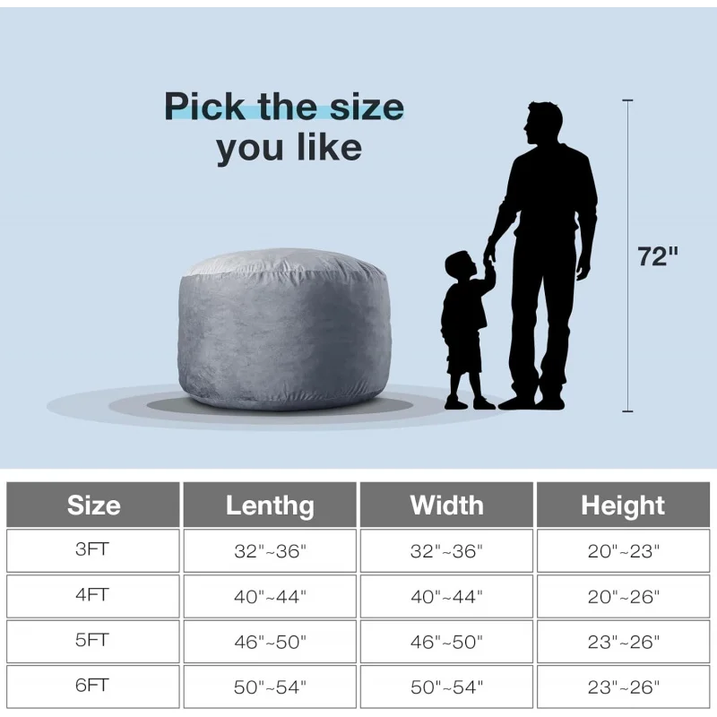 (UUX) كرسي كبير بطول 5 أقدام: كراسي بين باج مملوءة بإسفنج الذاكرة مقاس 5 بوصات للبالغين مع حشوة، غطاء مخملي هولندي فائق النعومة UQ