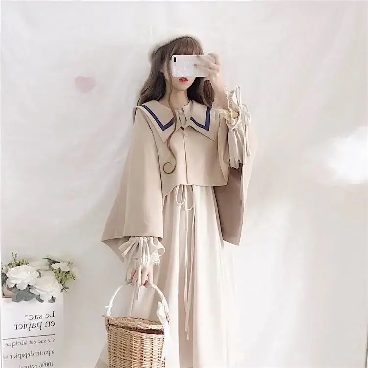 Kawaii Dress Suits 2022 Spring Autumn New Japan School Girl Student Doll Collar Long Sleeve Dress + Cape Shawl Two-piece Set