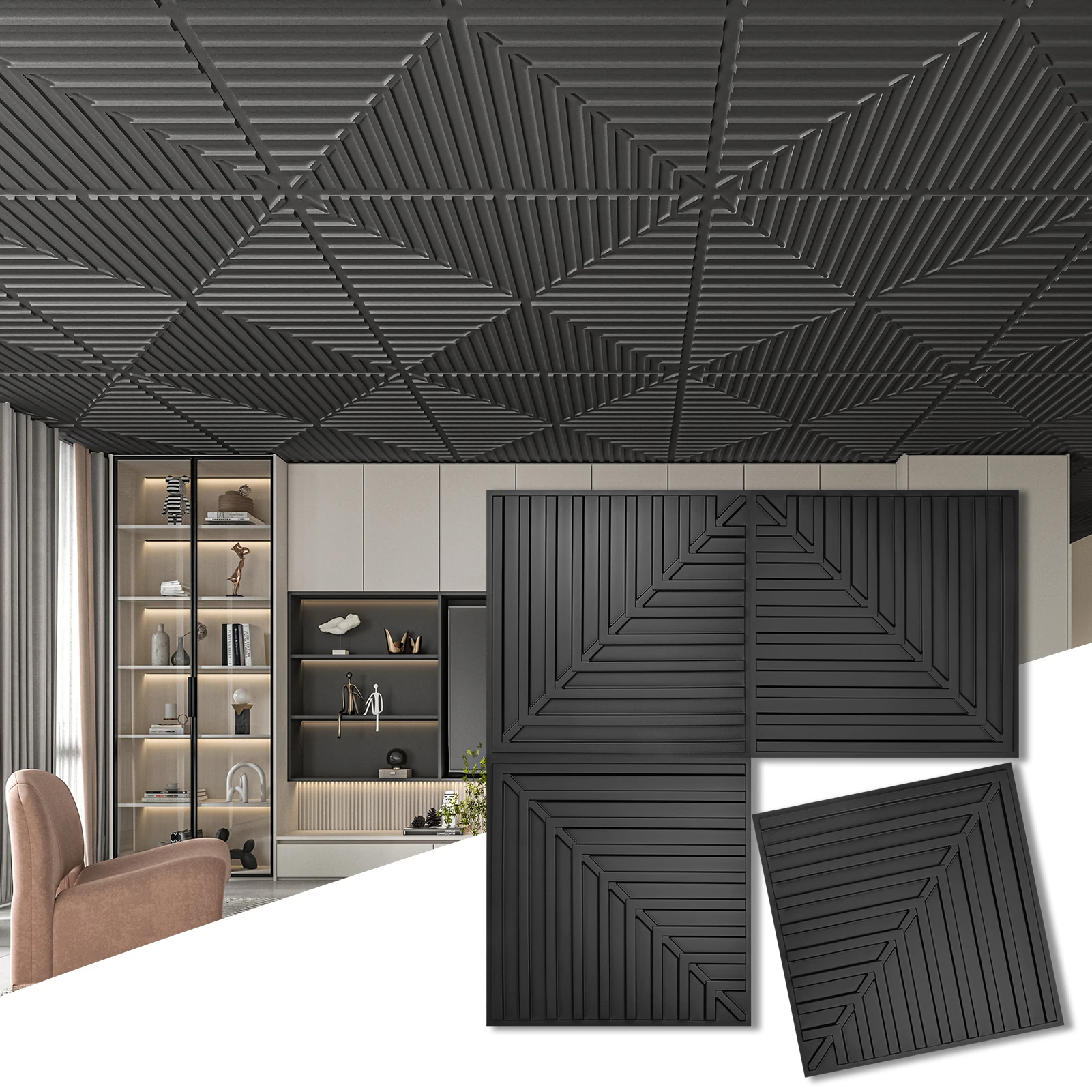 

Art3d 24''X24'' плитка на потолке, ПВХ 3D текстурированные панели для внутреннего декора стен Гостиная Спальня Офис, 12 шт., черный