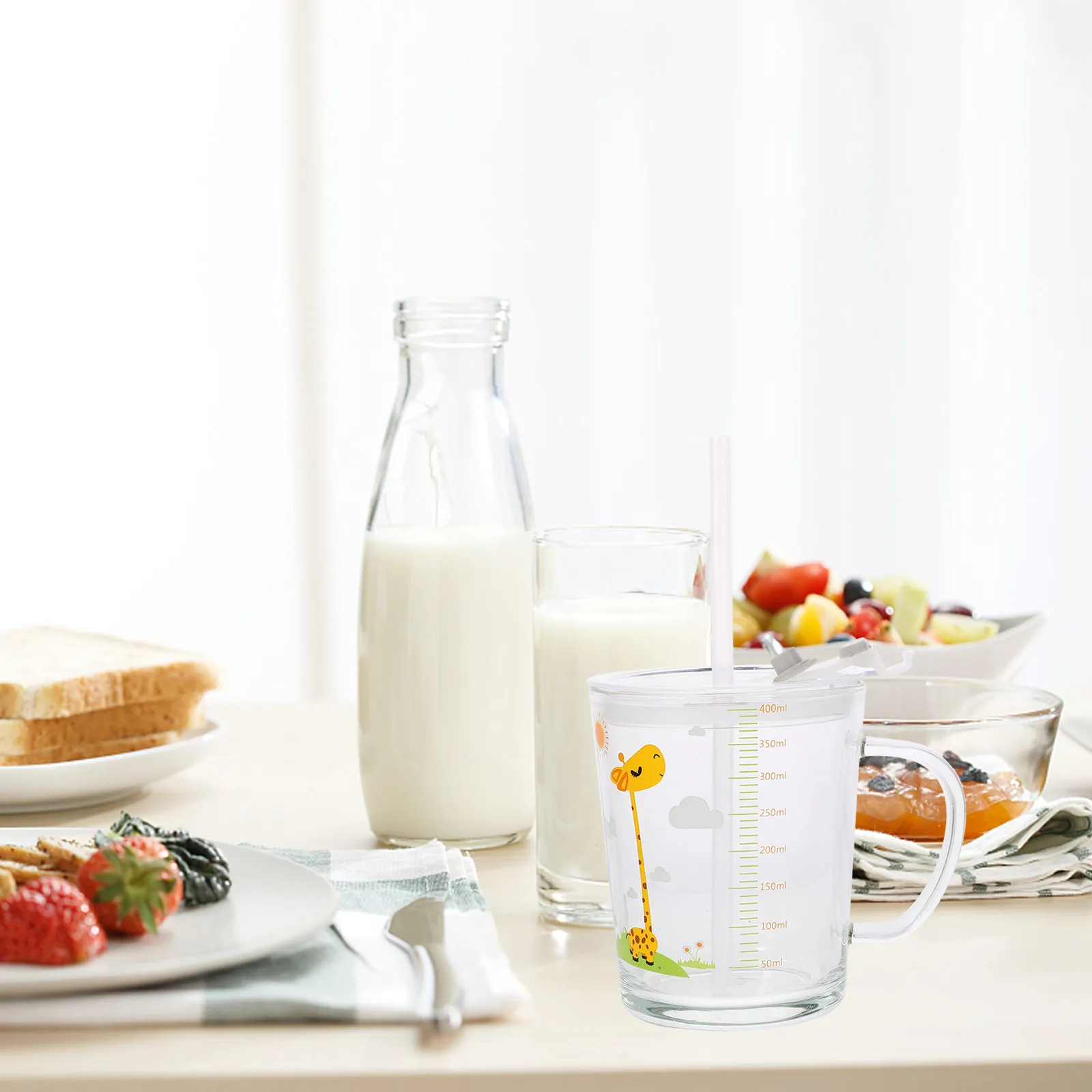 2sets-glass-kids-straw-cup-with-handle-and-lid-clear-scale-markings-microwave-safe-dishwasher-friendly-for-water-tea-coffee