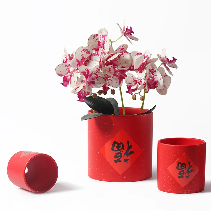 1pc New Year's Red Blessing Character Festive Chinese Ceramic Flower Pot Living Room Desktop Holder Hole in the Bottom