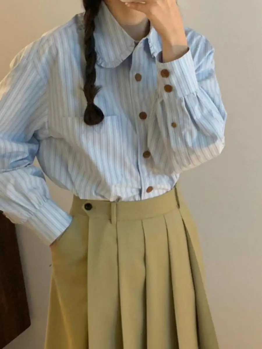 

Casual Sle Long Sve Striped irt Loose Fit Collared Hem Trim Spring 2025 Women's Faion Cotton Blend Casual irt