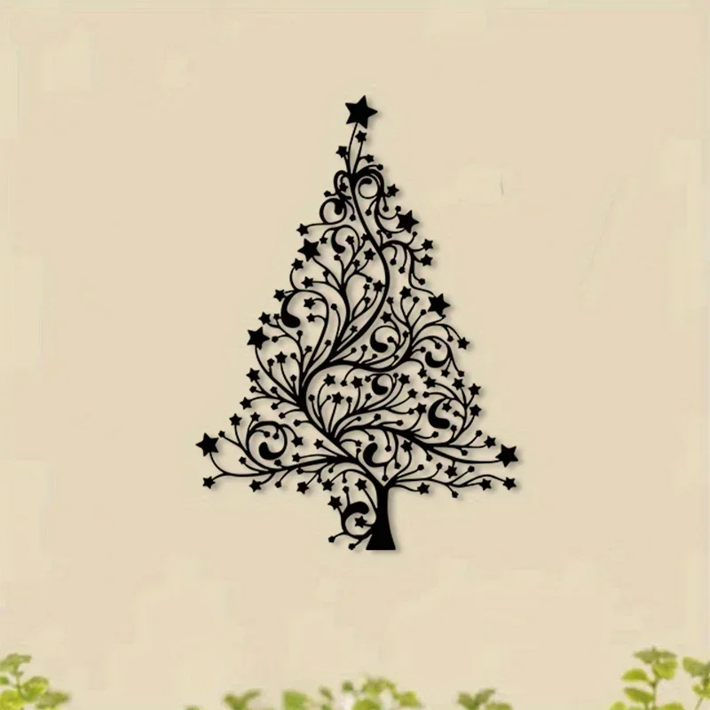 CIFBUY Pretty Christmas Tree Metal Wall Art, Elegant Ornate Xmas Tree Silhouette Iron Wall Hanging for Home Fireplace Holiday