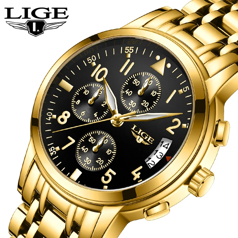 

LIGE Luxury Watch for Men Stainless Steel Waterproof Quartz Men Watches Business Style Men's Watches Luxury Gold reloj hombre