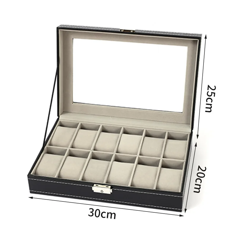 Handmade Grids PU Leather Watch Box Display Case Holder Black Storage Box Glass Jewelry Organizer for Men & Women Best Gift Box