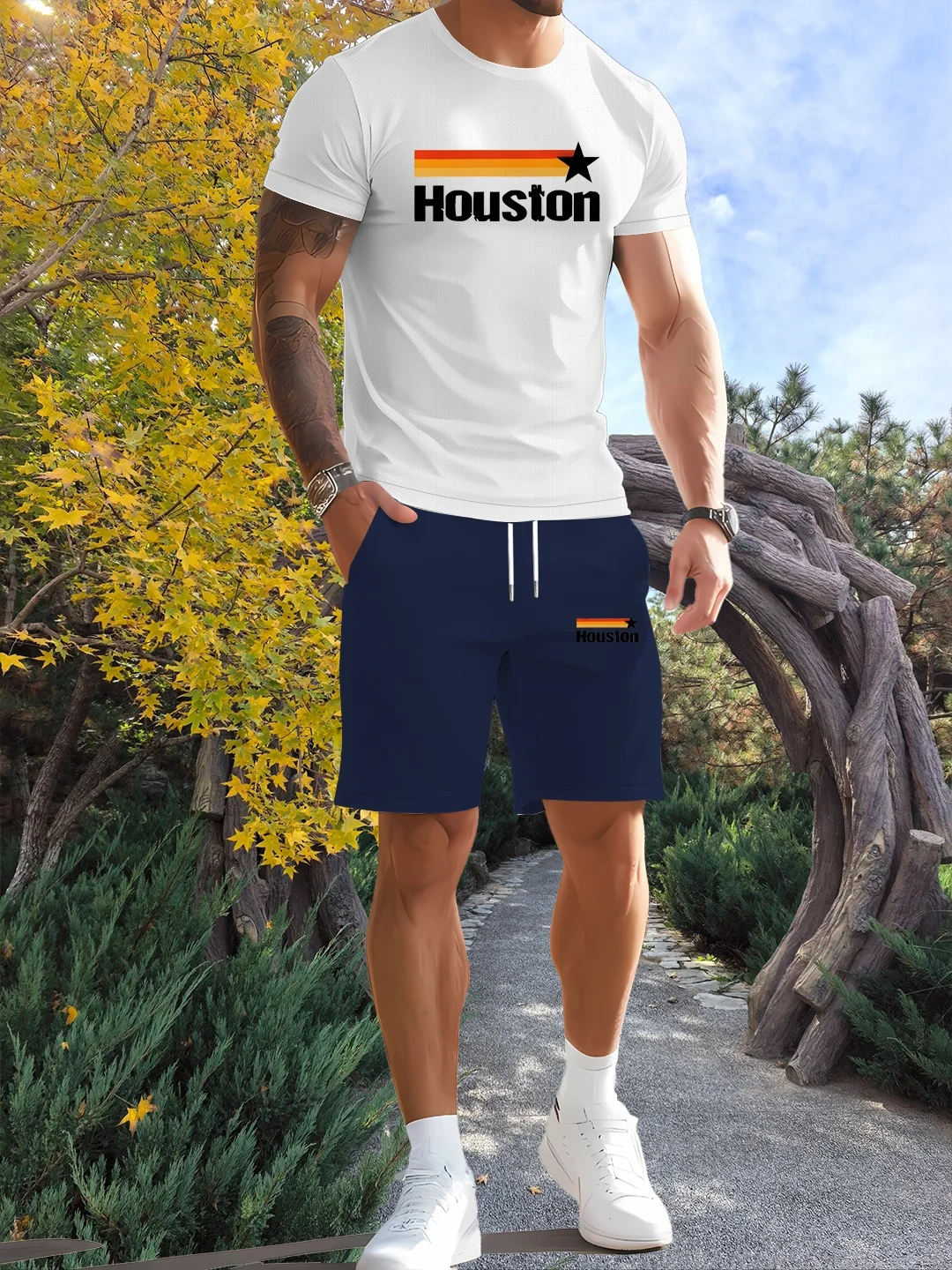 

Men's 2-piece set: comfortable printed T-shirt and drawstring shorts - the perfect choice for summer