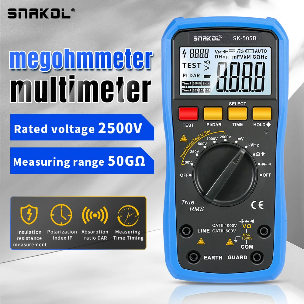 Snakol SK-505B Digital Multimeter 2500V Megohmmeter Voltmeter 50GΩ Insulation Resistance Tester AC/DC Voltage Resistor Meter