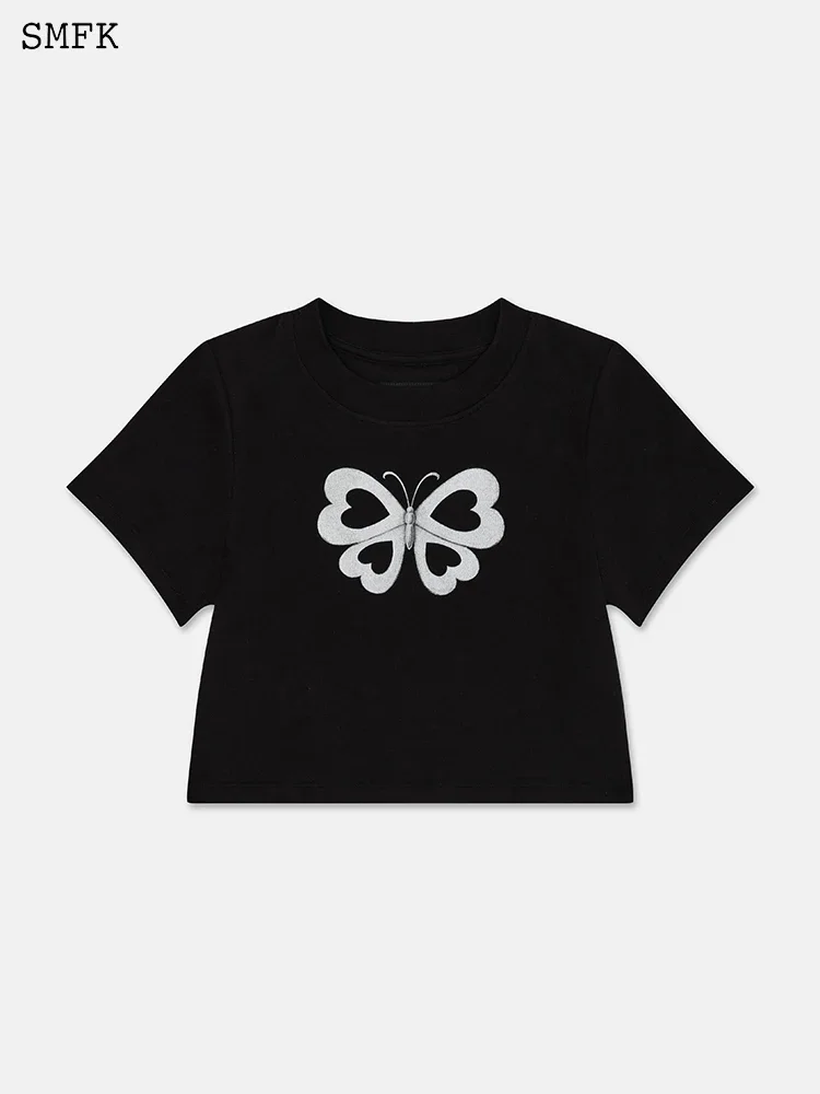 

SMFK T-shirt Love Butterfly Printing Women Top Streetwear Retro Short Sleeve Summer Sexy Crop Top O-neck Cotton Casual Short Tee