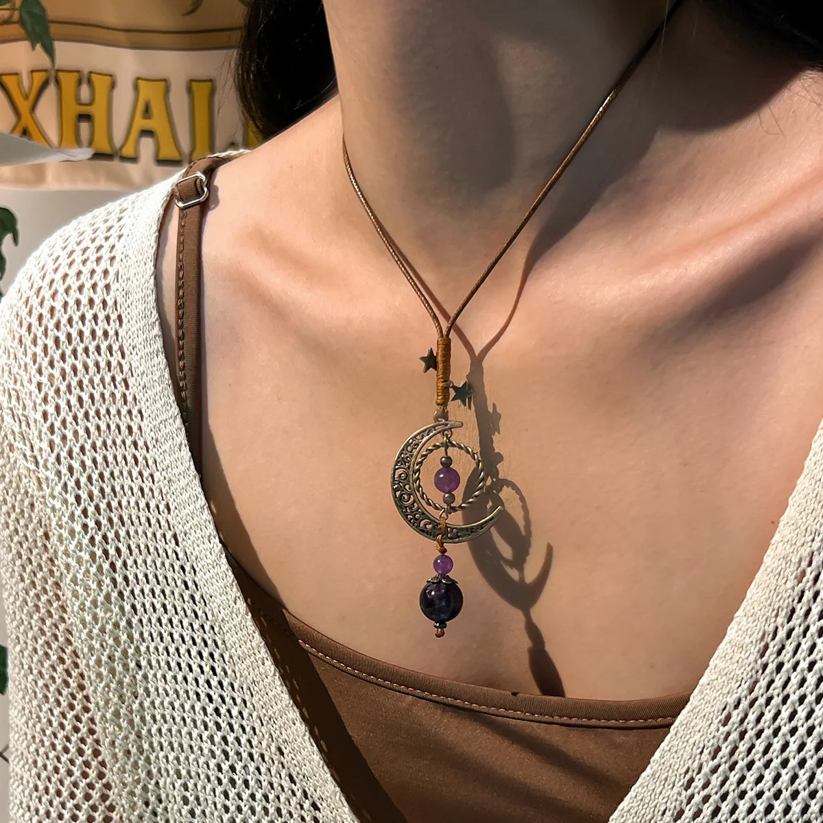 Necklace Moon Cutout Geometric Pendant with Round Resin Beads and Premium Drawstring Cord for Women Bohemian Long Unique