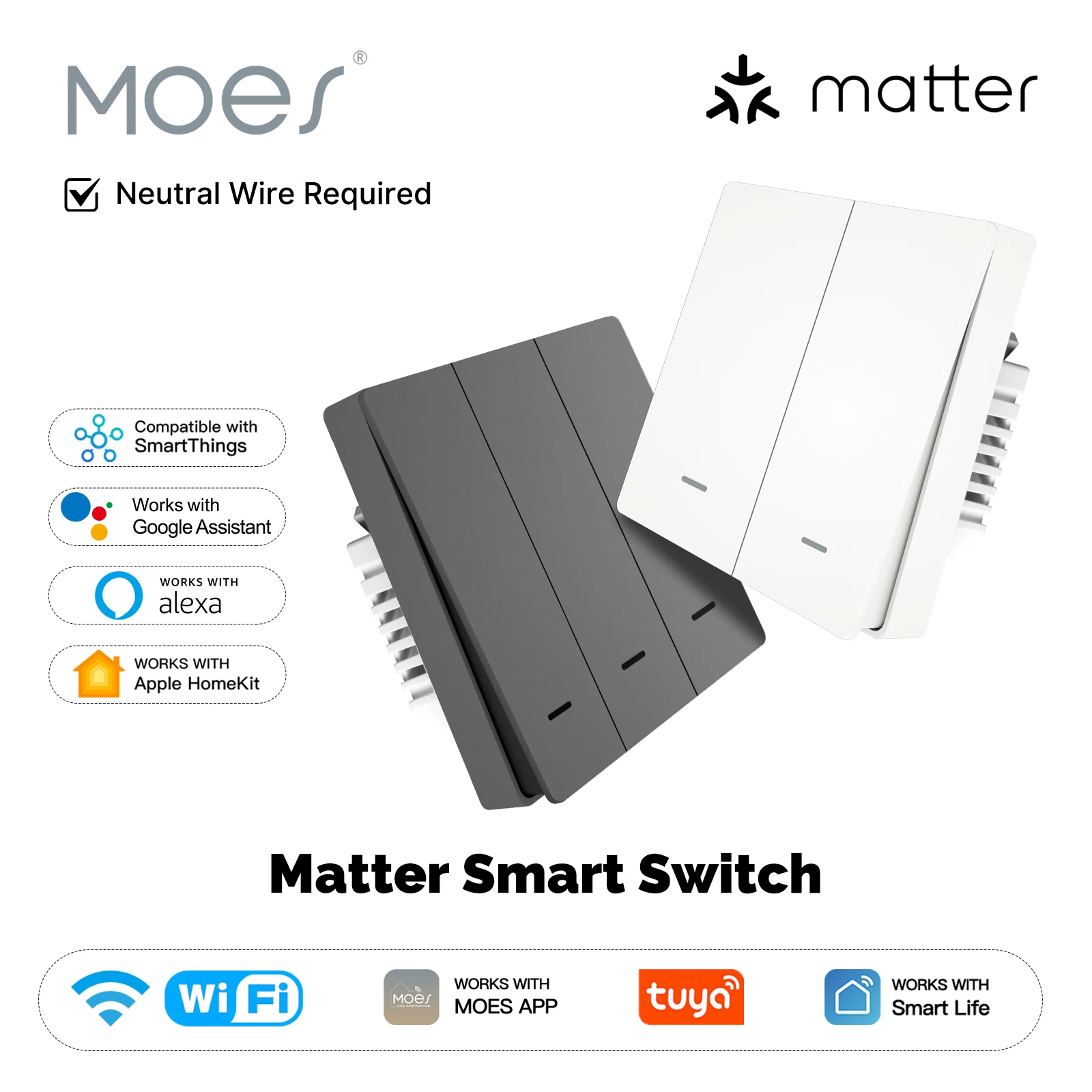 MOES Matter Tuya WiFi 스마트 라이트 버튼 스위치 EU Verison 원격 제어 Alexa Google 홈 Apple Homekit Smartthings와 함께 작동