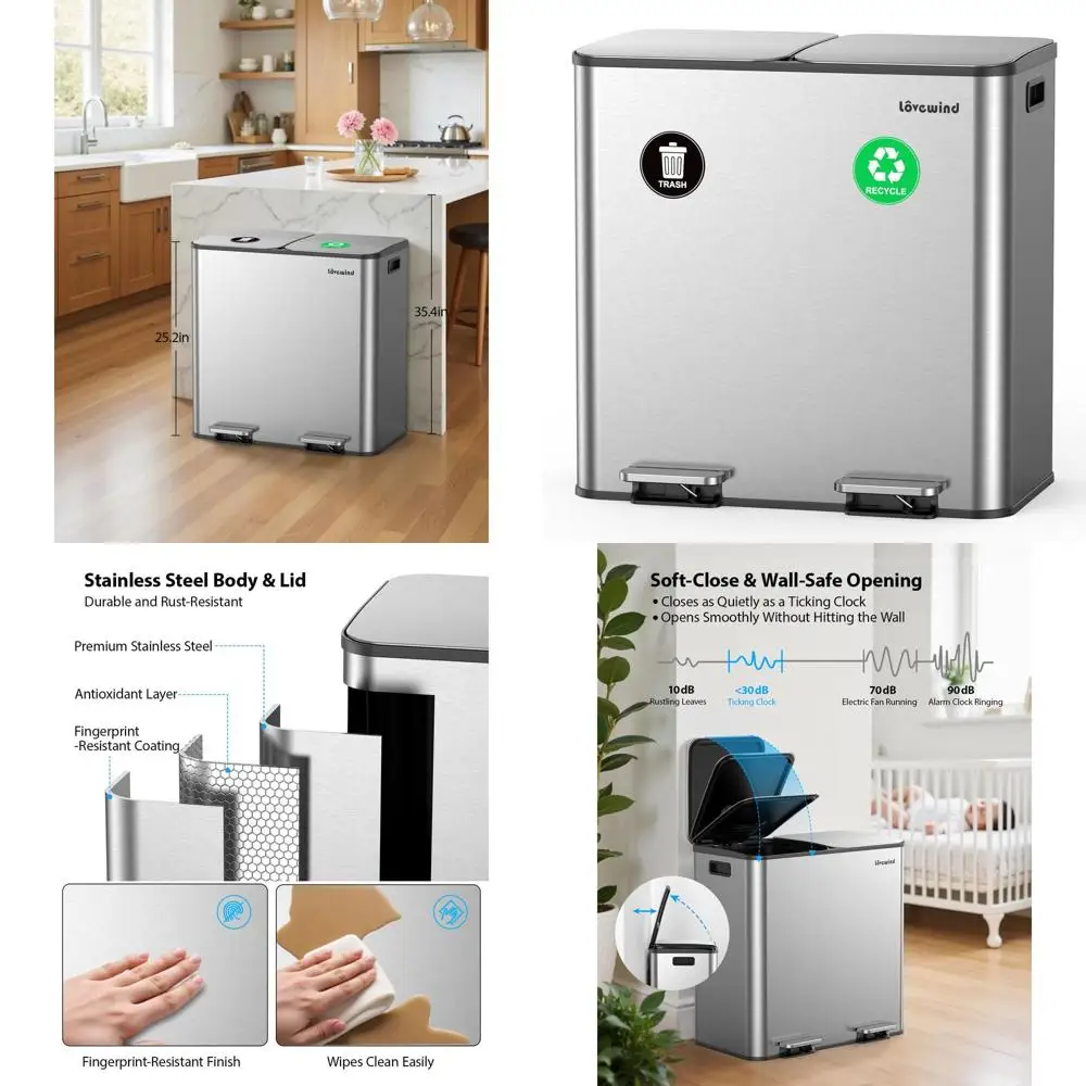 

Dual Compartment Stainless Steel Trash and Recycle Bin with Soft-Close Lid, Silver