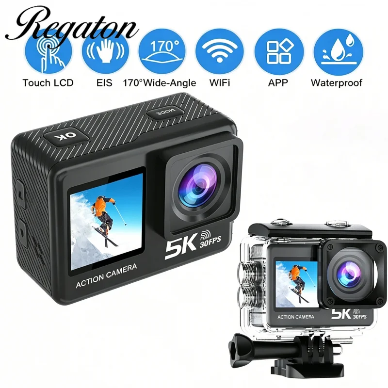 

Regaton Action Camera 5K30fps 4K60fps 50MP 2.0 Touch LCD EIS DVR Webcam Dual Screen Wi-Fi Waterproof 30M 5X Zoom Sports Camera