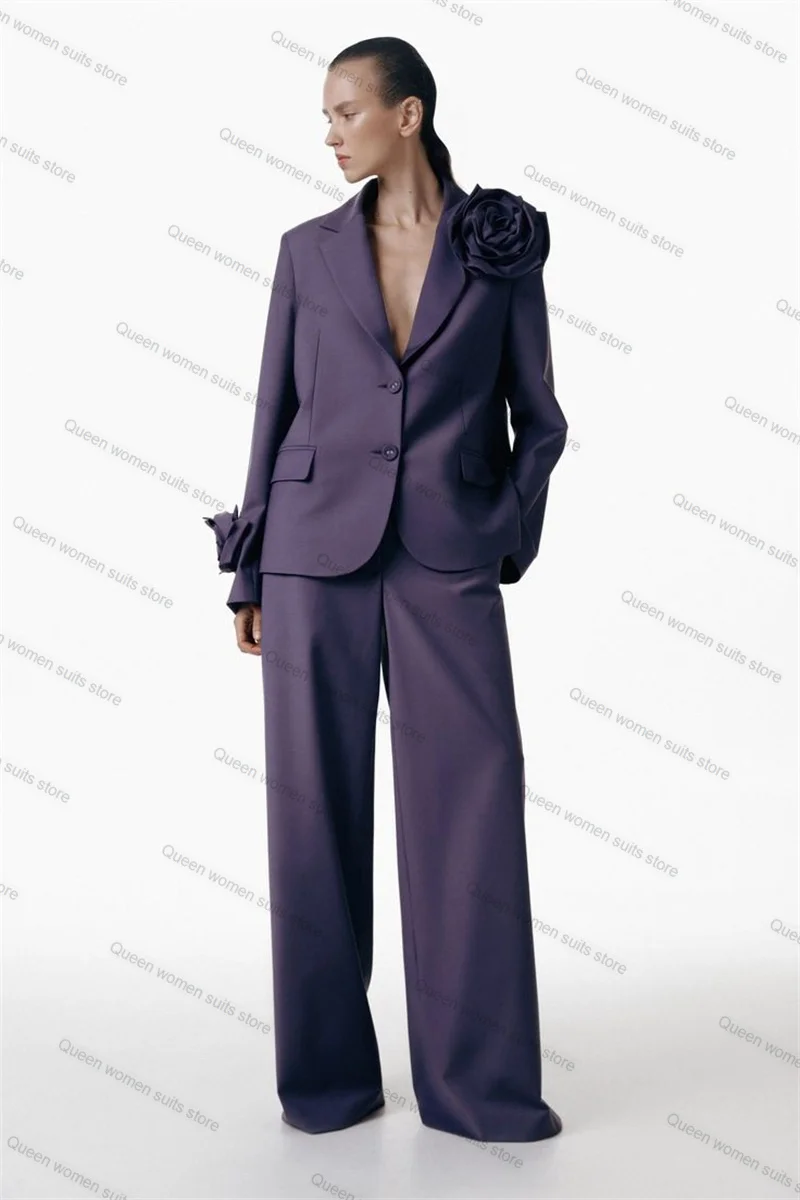 

Purple 2 Pieces Women Suit Pants Set Blazer+Straight Trousers 3D Flower Formal Office Coat Customized Wedding Prom Dress Jacket