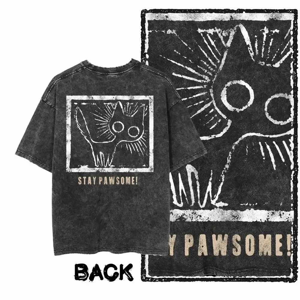Vintage Washed UFO Cat Graphic T-Shirt Here for The Cats Back Print Short Sleeve Unisex Funny Cat Lover Streetwear Casual Tee