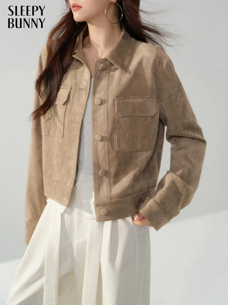 

Замшевая текстурированная короткая куртка для женщин, винтажное укороченное пальто с маленькими лацканами, элегантная майя, осенне-зимняя верхняя одежда, повседневная шикарная одежда