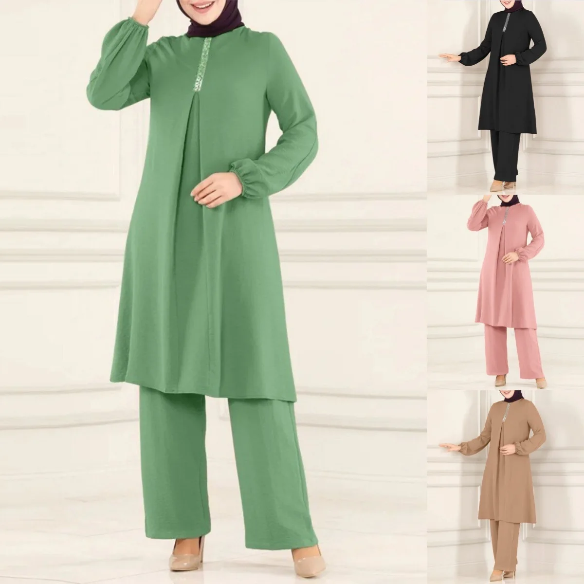

Muslim Women's Spring Autumn Set - Solid Color Elegant Long-Sleeve Top & Wide-Leg Pants (Breathable Cotton Linen, Loose Fit)