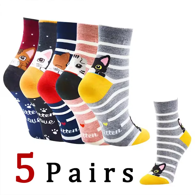 

Botvotee 5 Pairs of Cute Cat Socks Women Cartoon Animal Crew Socks Fun Kitten Cotton Socks Gift Colorful Casual Sock Set