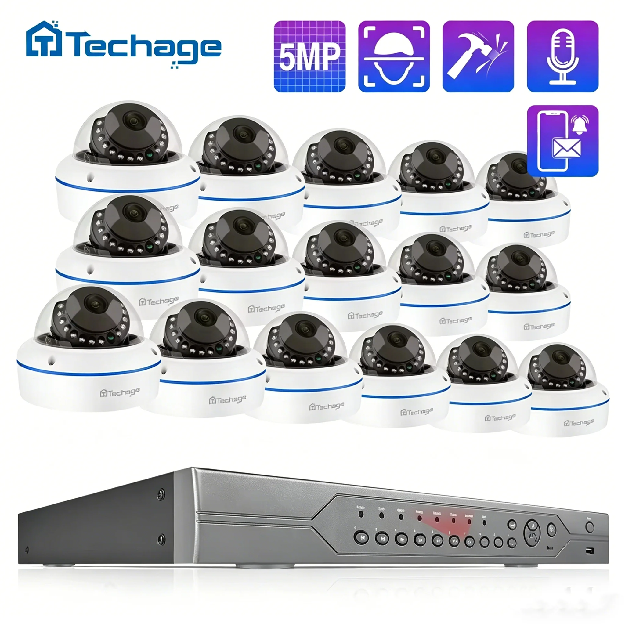 Techage 16CH 5MP PoE Camera System NVR Kit Smart Home Dome IP Camera H.265 One-way Audio P2P Video Surveillance CCTV Security