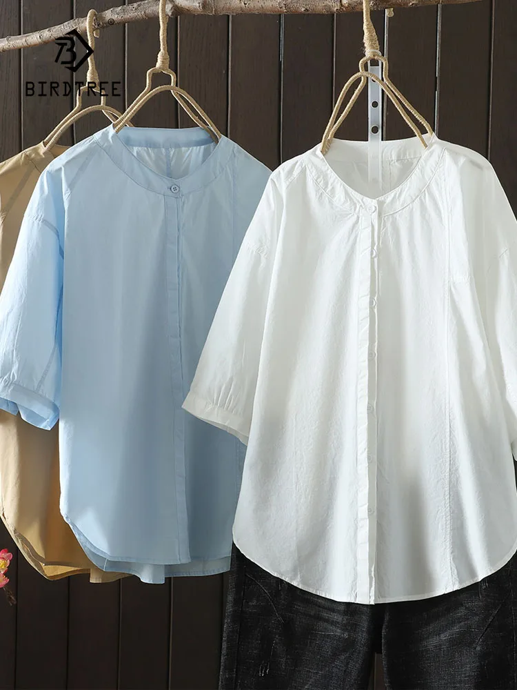 

New Spring Cotton Solid Shirt Women Stand Half Sleeve Simplicity Tops Girl Loose Commute Literature Blouses 2024 Autumn T44103QC