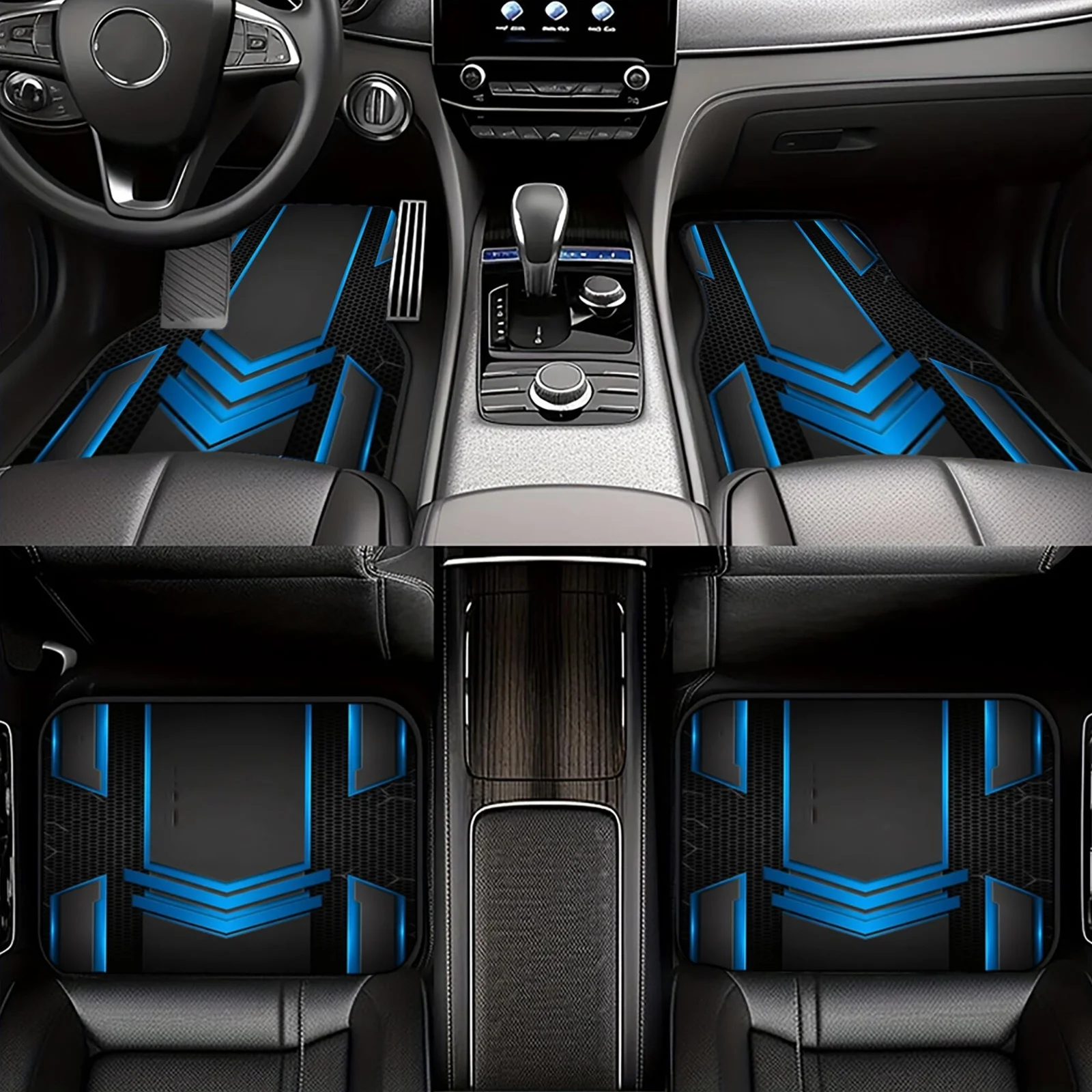 2pcs/4pcs Polyester Fiber Set, Blue Geometric Pattern Car Floor Mats, Stylish Print Design, Universal Fit For Most Vehicles