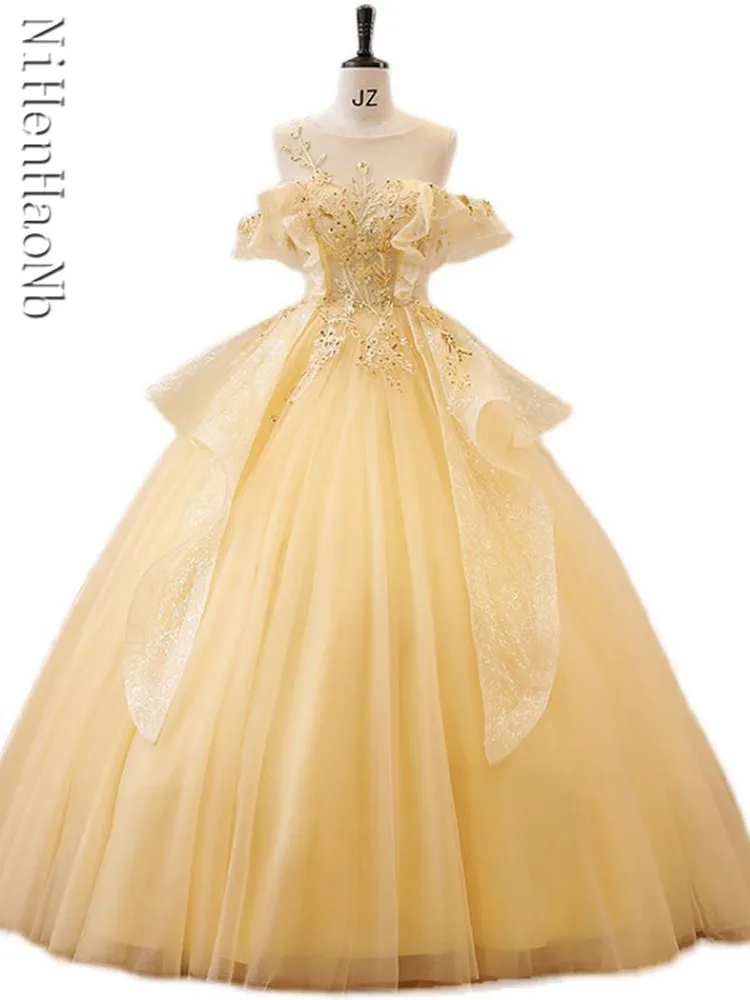 

New Yellow Quinceanera Dresses Scoop Neck Tulle Ball Gown Classic Flower Vestido De Debutante