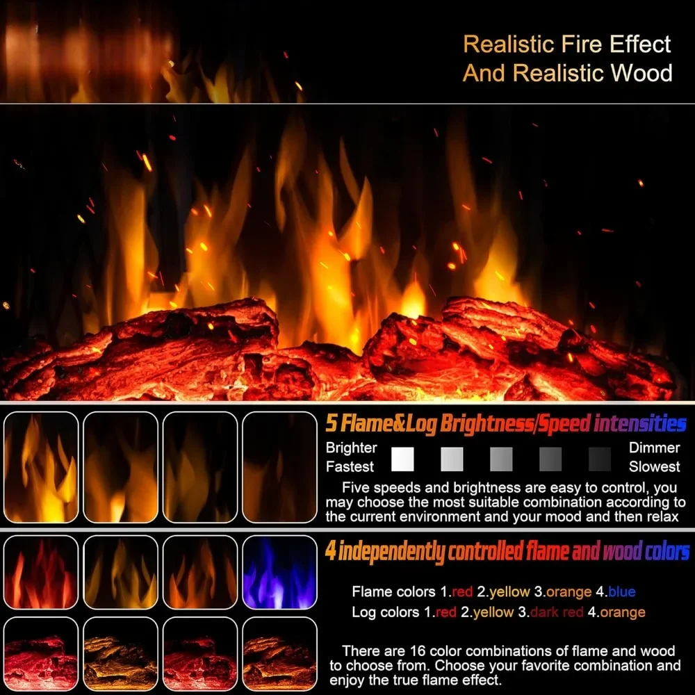 Poêle de cheminée électrique de 24 pouces, poêle infrarouge autoportant, flamme 3D contrôlable, 4 couleurs de flammes et de bûches variables