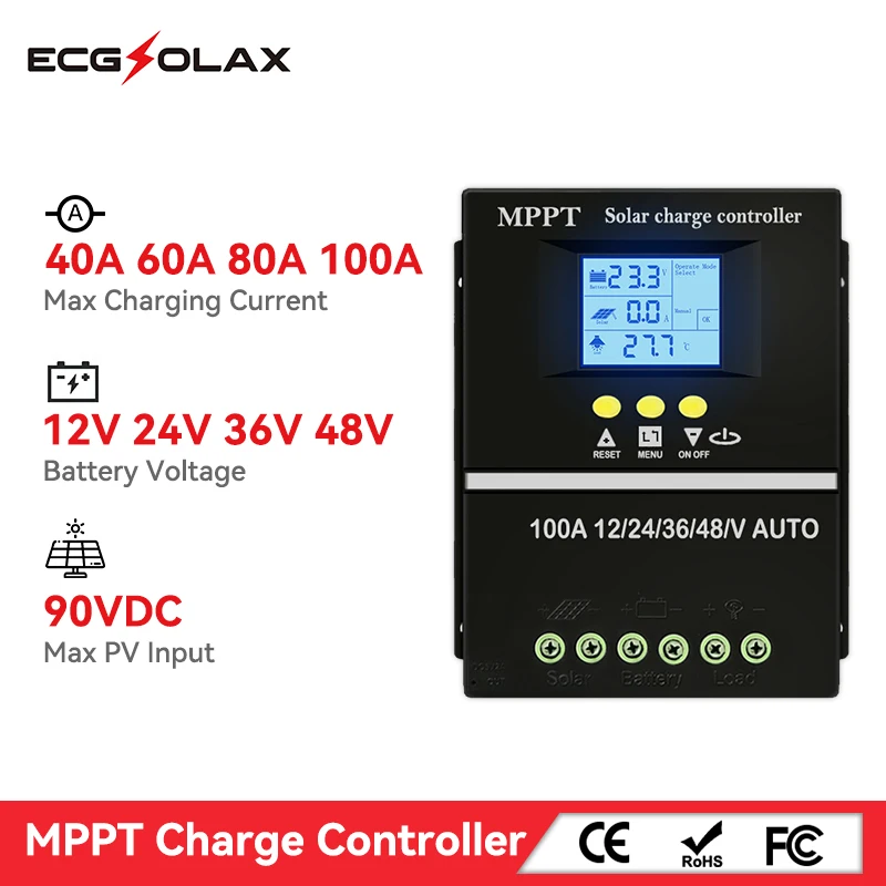 ecgsolax mppt controlador de carga solar regulador automatico com dual usb painel solar max pv 90vdc 12v 24v 36v 48v 40a 60a 80a 100a 01