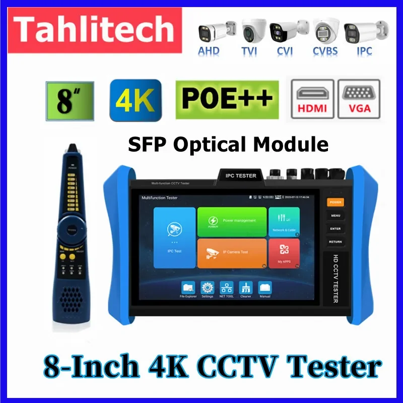 

4K 8" CCTV Tester Monitor 4K H.265 IPC CCTV AHD CVI TVI Camera Tester Monitor IPC Tester POE++ SFP Optical Module VGA HDMI