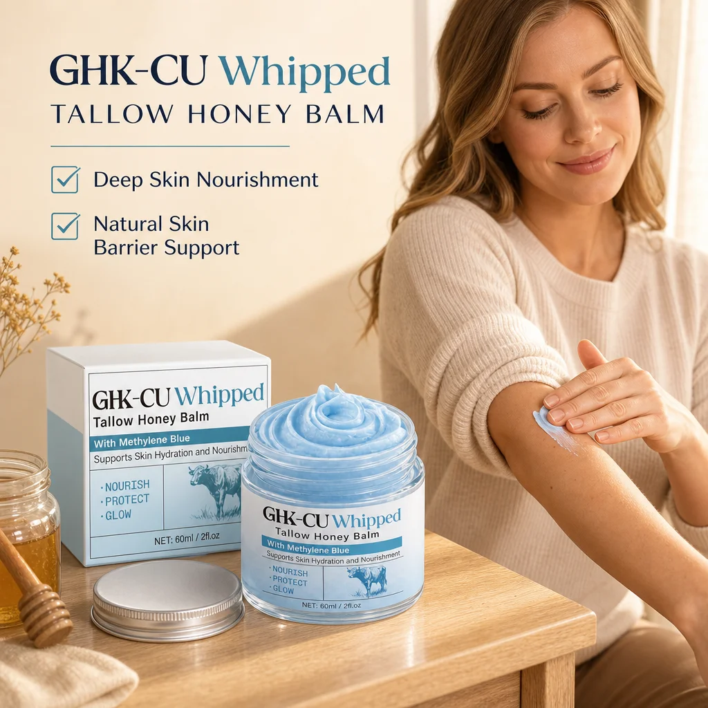Peptídeos de Cobre GHK-Cu de Sebo Bovino para a Pele, Bálsamo Azul com Peptídeos de Cobre, Mel Manuka e Vitamina E, Hidratante Facial Natural