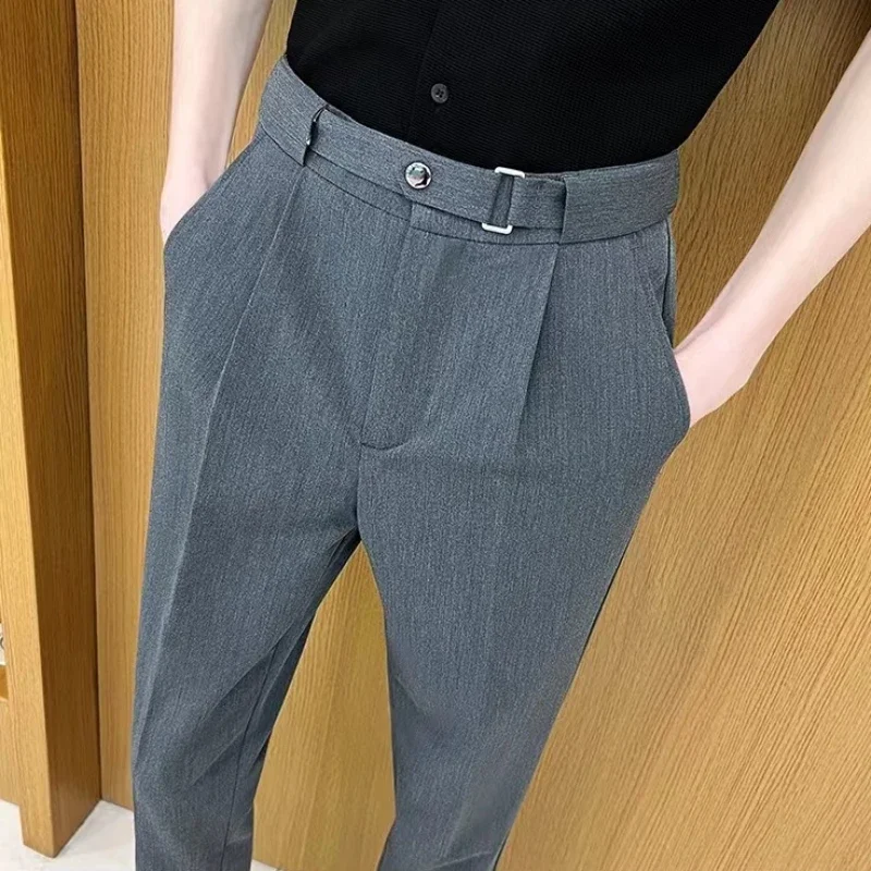 Draped with Belt Man Suits Pants Gray Fluid Trousers for Men Elegant Work Wear Fashion Vintage New in Slacks Tailoring Fabric Up