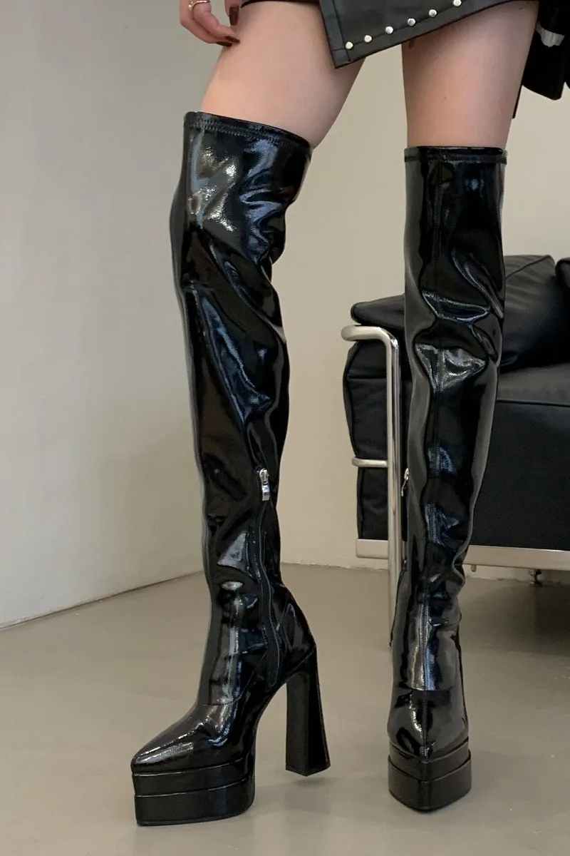 

Chunky Platform Pointed Toe Women Over-the-Knee Boots Fashion High Heels Shoes Winter Thigh High Long Booties